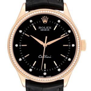 Rolex Cellini Time Rose Gold Black Dial Diamond Bezel Mens Watch 50605 Box Card